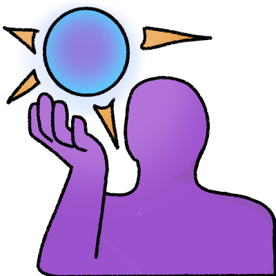 a faceless purple figure looking up at a glowing blue orb hovering above their upraised hand.